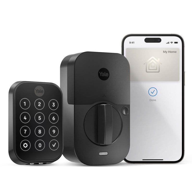 Yale Security Yale Assure Lock 2 Plus Apple Home Keys (اضغط للفتح) قفل باب ذكي بدون مفتاح من الجلد السويدي الأسود مع لوحة مفاتيح متصلة بالواي فاي لإدخال الرمز والوصول عن بعد YRD450-N-WF1-BSP - Image 1